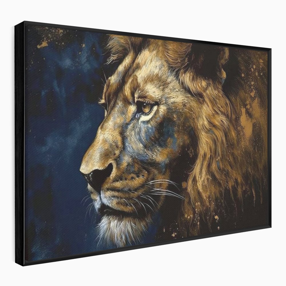 Tablou canvas cu tablou canvas cu leu in profil, in rama de aluminiu negru